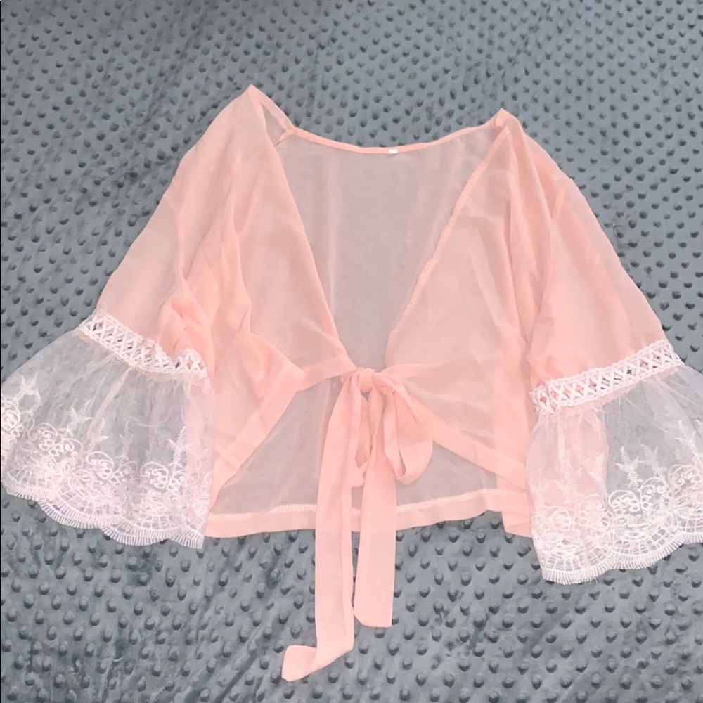 Sheer Pink Bell Sleeve Tie Top 💗